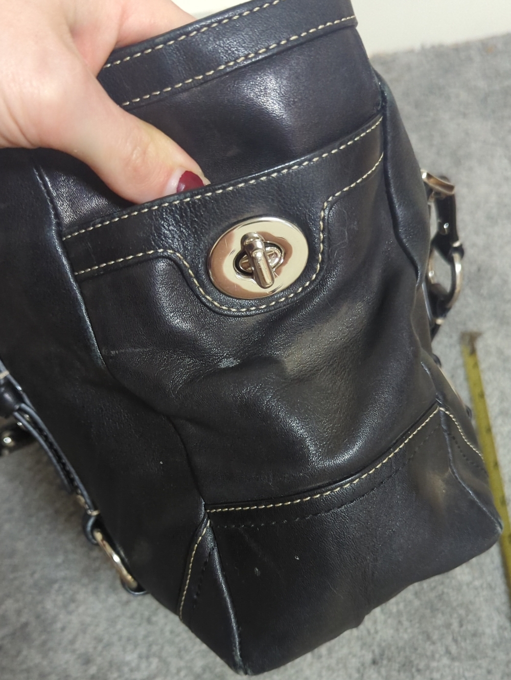 Coach Black Leather Shoulder Bag with Silver Hardware And White Stitching - Picture 6 of 10